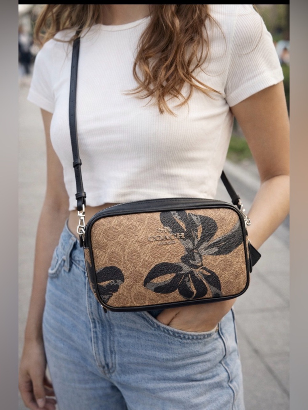 Coach Brown Signature Floral Crossbody with Black Trim